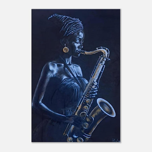 Black Woman Saxophone Canvas Print – Afrocentric Jazz Decor for Moody Blue Lounge Gelato