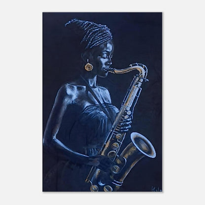 Black Woman Saxophone Canvas Print – Afrocentric Jazz Decor for Moody Blue Lounge KelechiCanvasArt