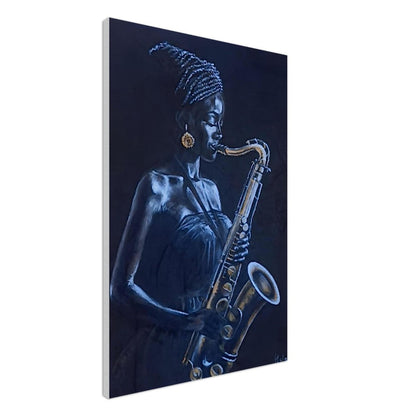 Black Woman Saxophone Canvas Print – Afrocentric Jazz Decor for Moody Blue Lounge KelechiCanvasArt